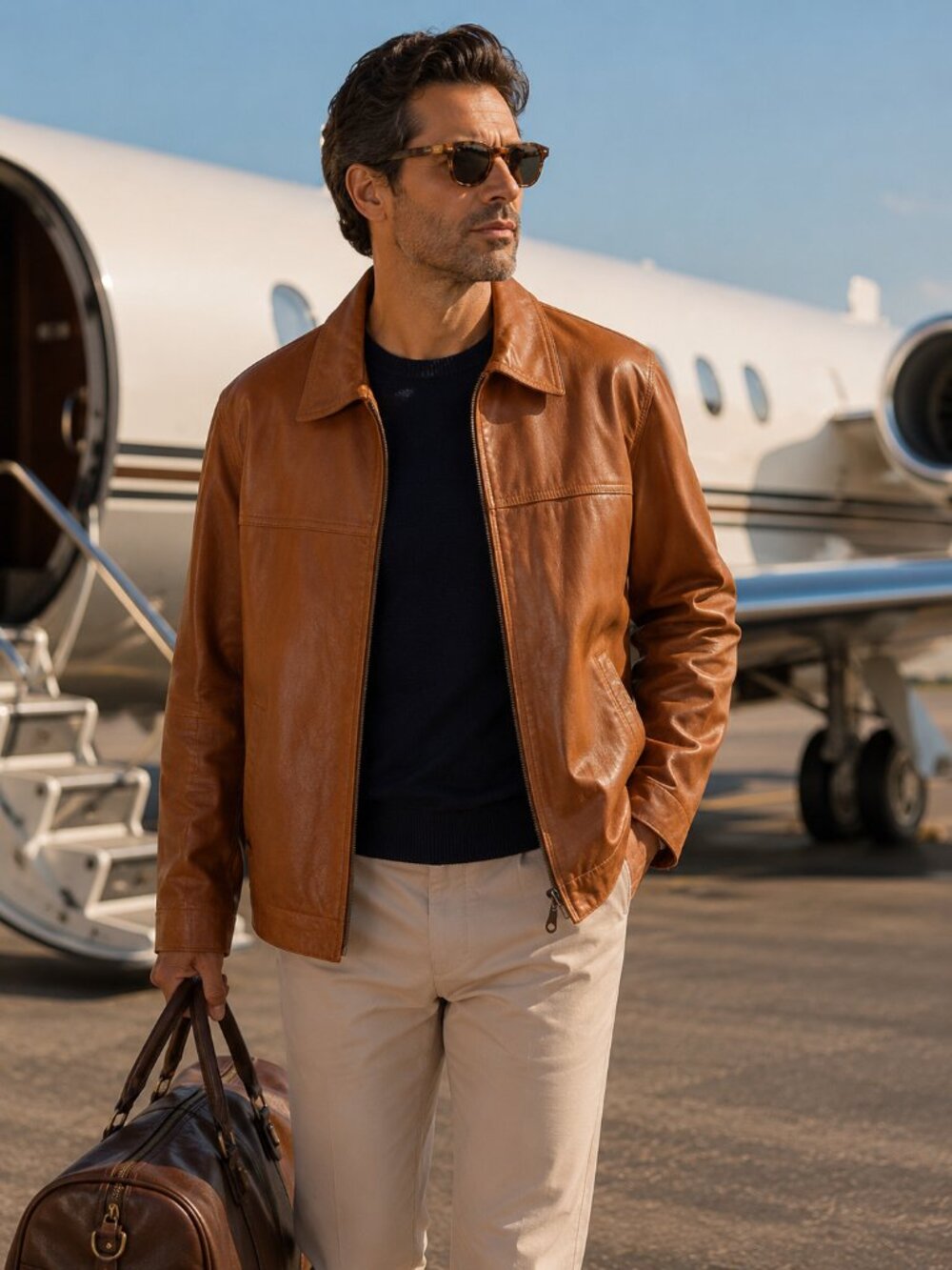 Ferras Full-Grain Leather Jacket | Men's Size M-L | Cognac Brown
